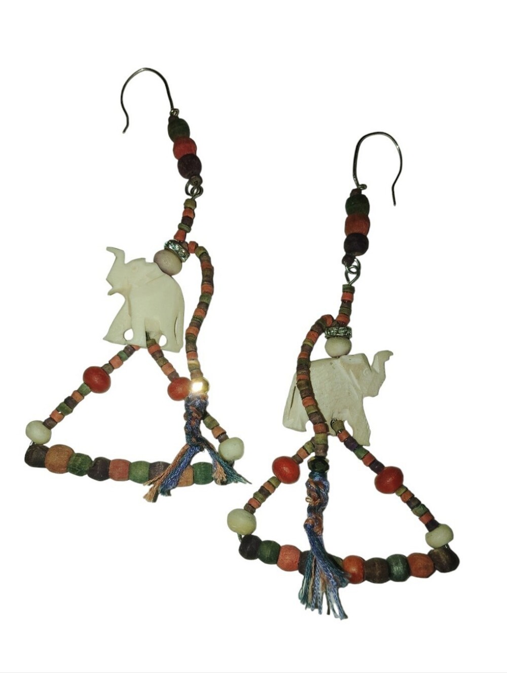 Handmade Big Boho Multicolor Carved Elephant On Bead Drop Earrings